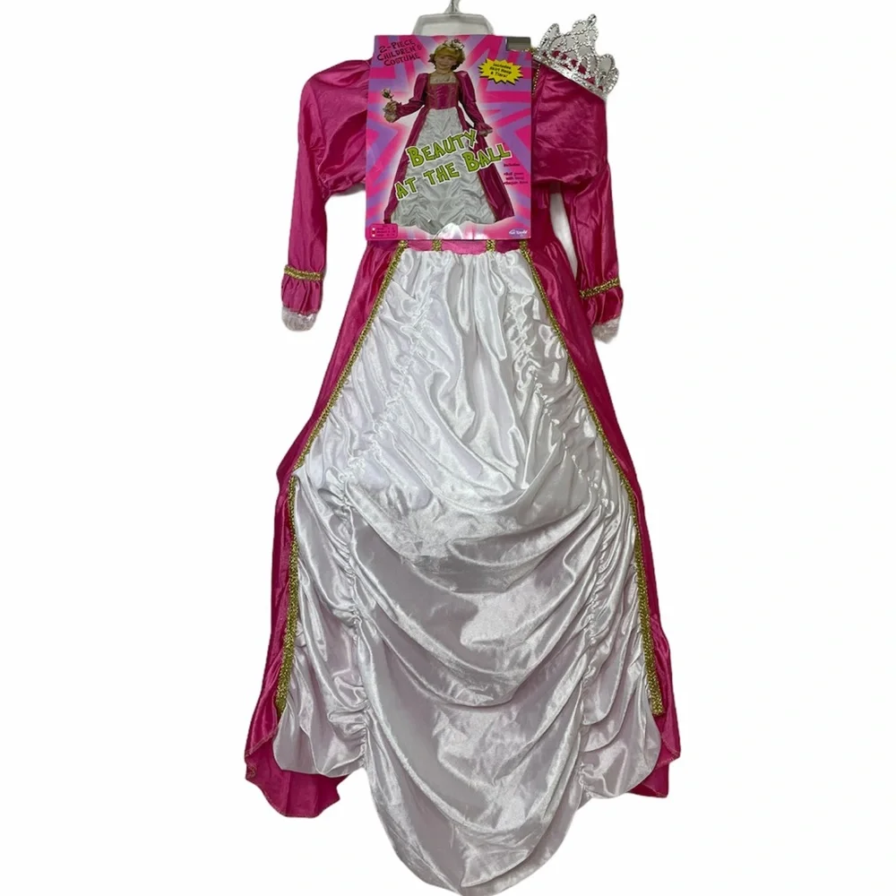 Princess Ball Gown Fairytale Halloween Costume Dress Up Crown Tiara Pink Gold